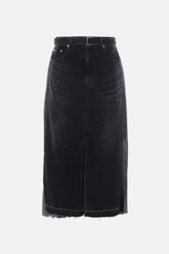 Women SACAI midi skirt in denim and pleated twill