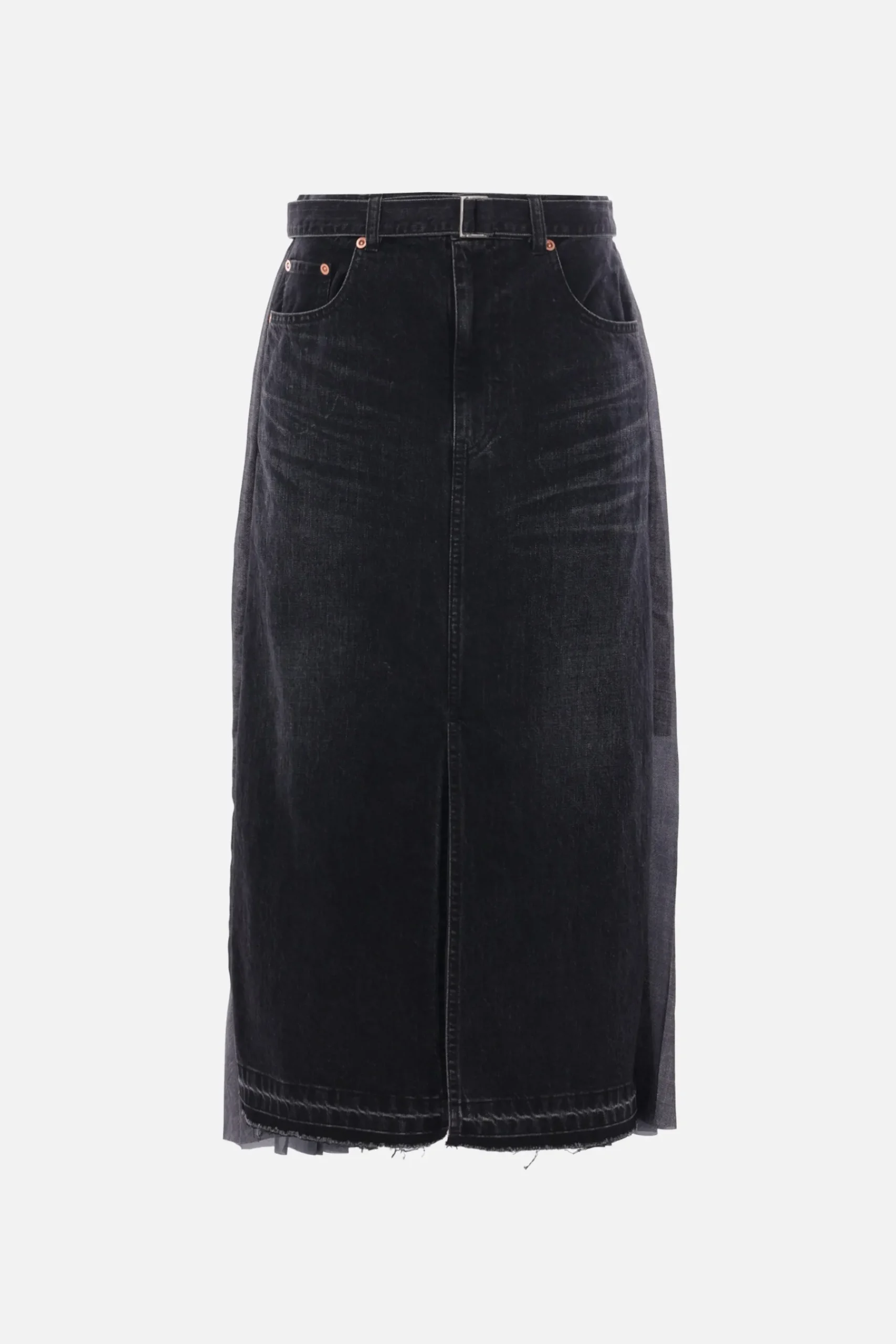 Women SACAI midi skirt in denim and pleated twill