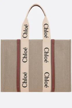 Women CHLOÉ Woody large tote bag in linen and leather