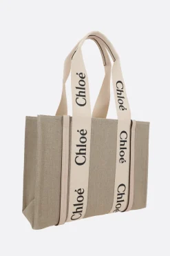 Women CHLOÉ Woody medium tote bag in linen and leather